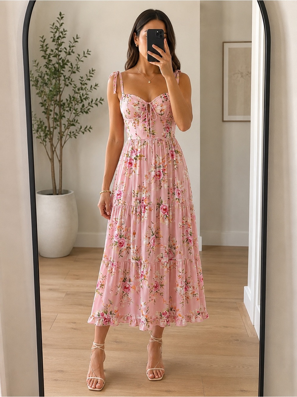 Yumi Kim Pink Floral Midi Dress, Lace-Up Bustier, Cottagecore | Revolve